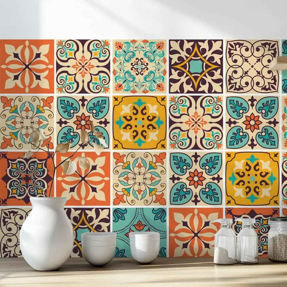 12Pcs Mandala Pattern Backsplash Tile Stickers Multicolor Design PVC Tile Decals Waterproof Removable Decorative Tiles