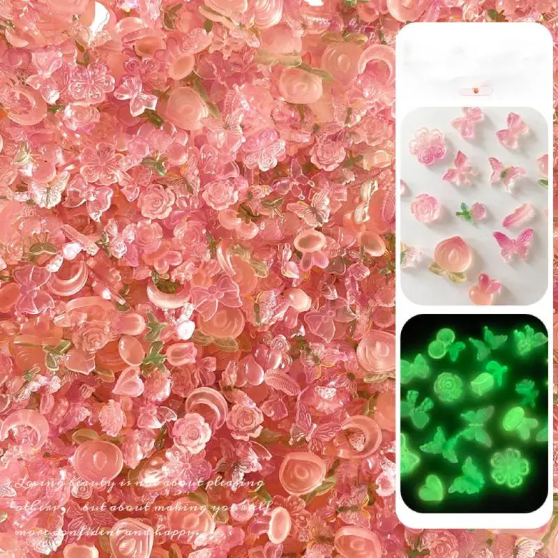 

3D Simulation Peach Cherry Resin Nail Charms Luminous Minimalist Feather Butterfly Rose Nail Art Decorations DIY Nail Designs