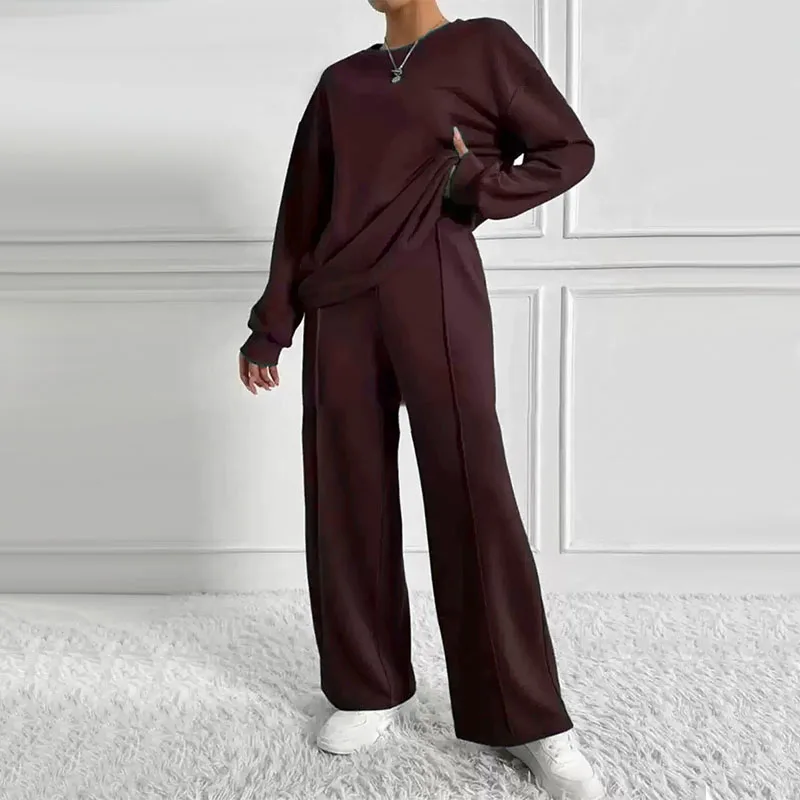 

Женские комплекты из двух предметов: свитшоты с круглым вырезом и длинными рукавами + брюки с широкими штанинами, однотонные повседневные костюмы для весны и осени