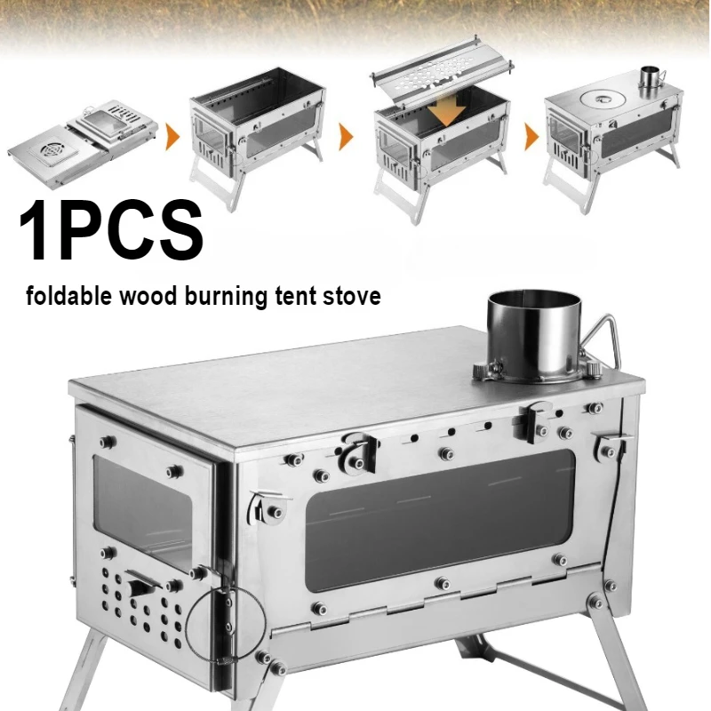 

Портативная дровяная палатка из нержавеющей стали 430, с боковой стеклянной горелкой для дымохода, дровяная печь для кемпинга для подогрева и приготовления пищи