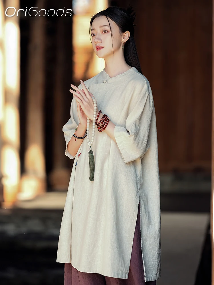 OriGoods Chinese style Short Sleeve Summer Long Shirt Women Ramie Cotton Vintage Zen style Long Blouse Tops 2024 New Shirts C043