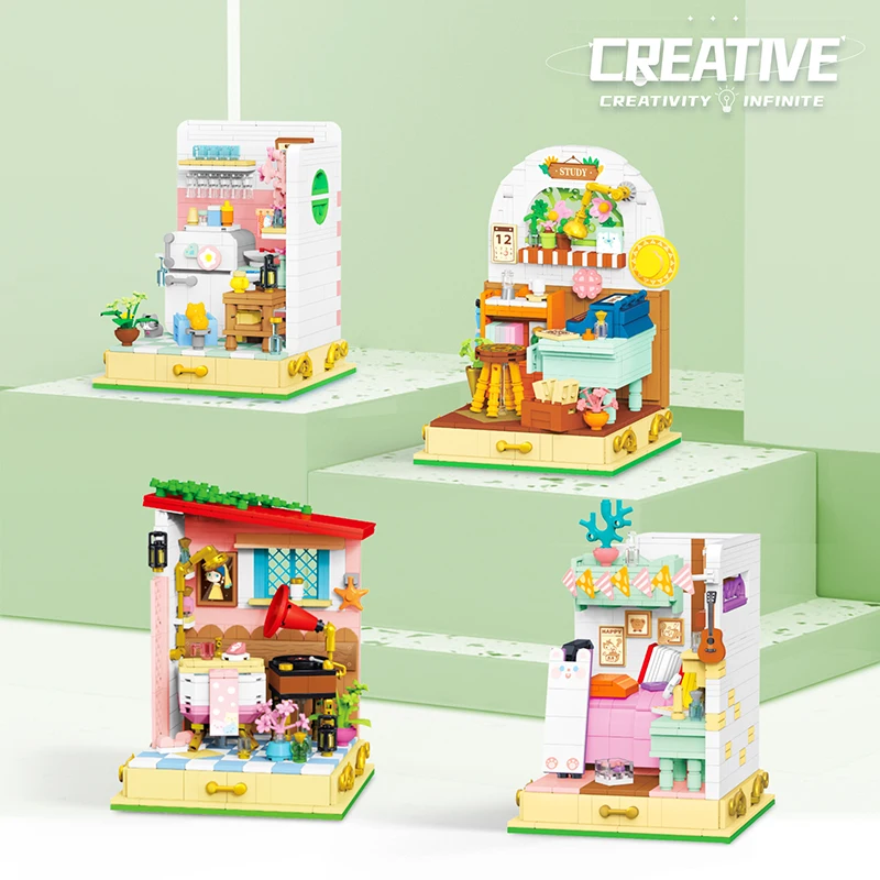 Diy Miniatuur Poppenhuis Creativiteit Mini Slaapkamer Badkamer Huis Micro Bouwsteen Educatief Model Speelgoed Voor Kinderen Geschenken