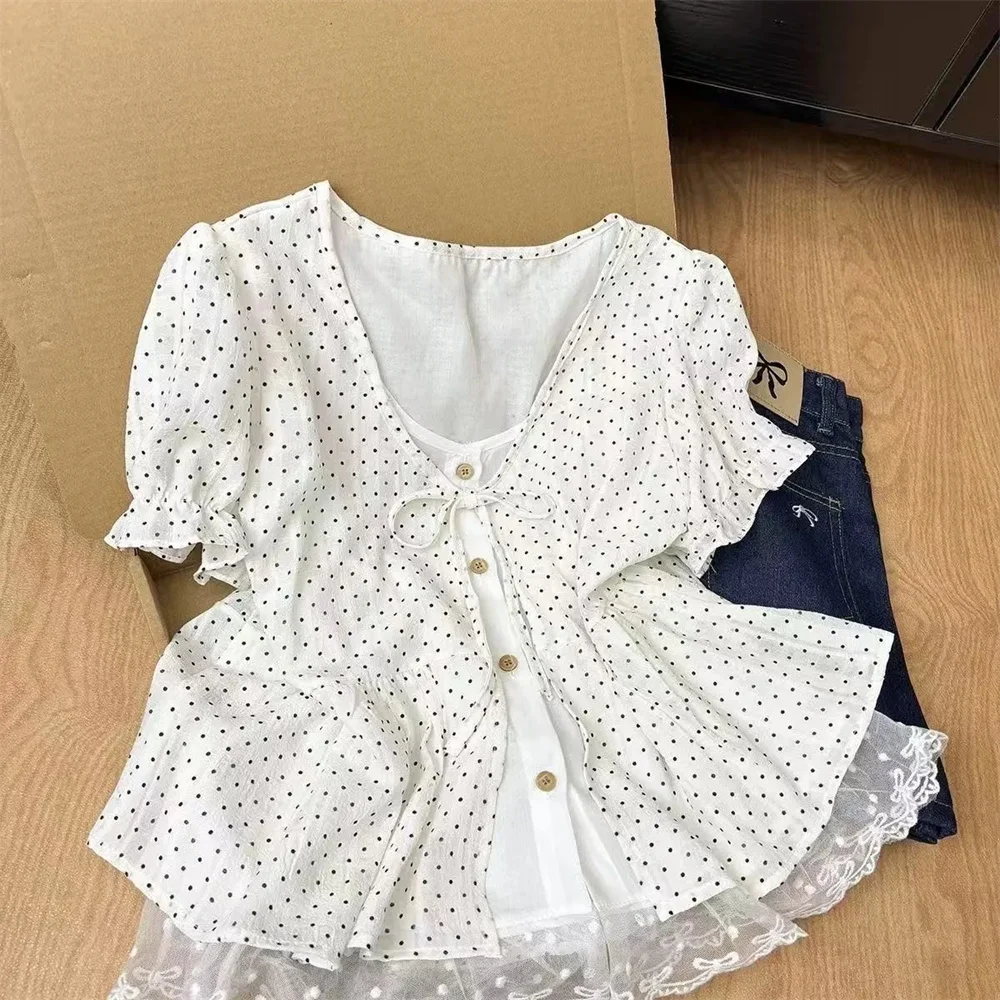 Summer Polka Dot Shirt Lace Up Women Korean Fashion V-Neck Loose T-Shirts 2026 Puff Sleeve Y2k Lace Patchwork Crop Tops Tees