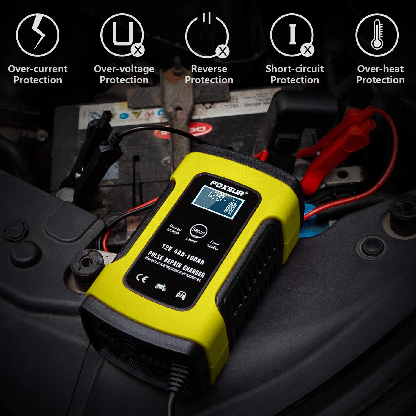 

12V 6A Full Automatic Car Battery Charger Power Pulse Repair Chargers Wet Dry Lead Acid Battery-chargers Digital LCD Display