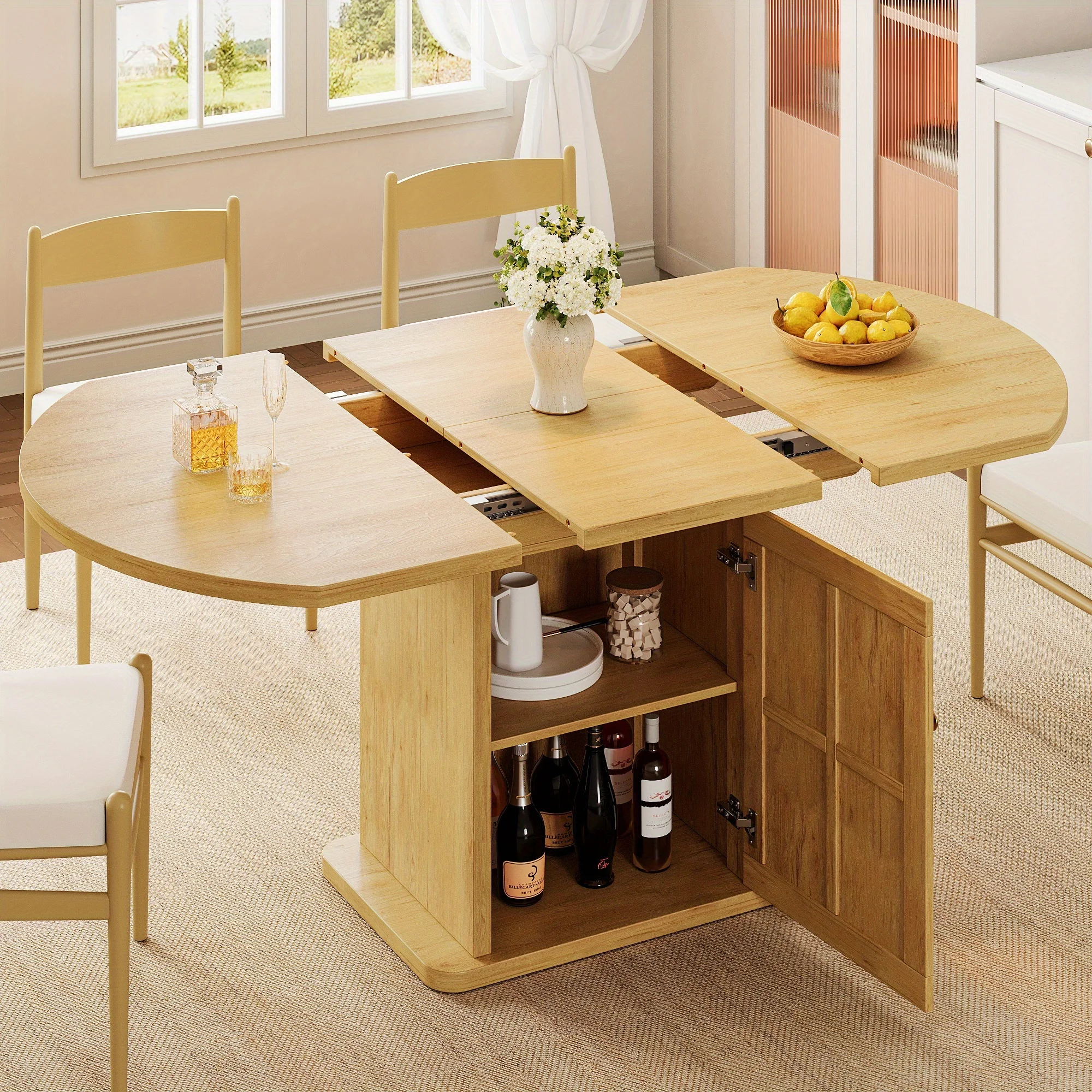 Extendable Round Dining Table, 59-inch Dining Kitchen Table with Storage, Grooved Wooden Sliding Doors & 3-Tier Shelving Design