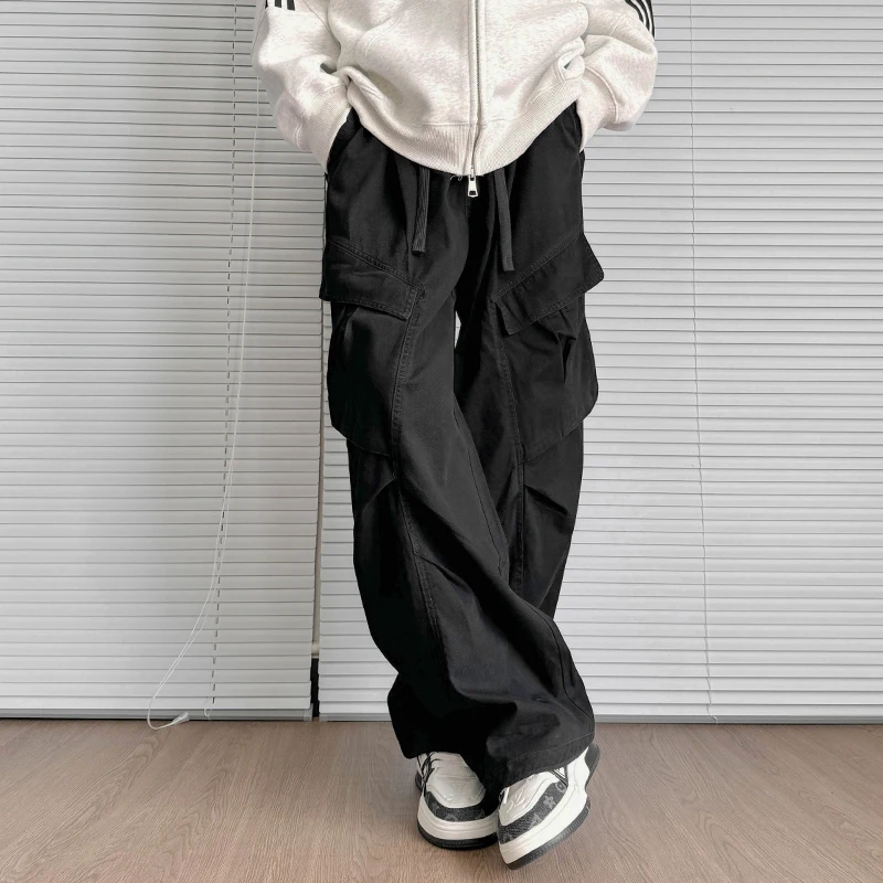 Autumn Winter Men Cargo Pants Cotton Straight Pleated Black Beige Long Trousers Oversized  Wide Leg Hip-hop Casual Pants