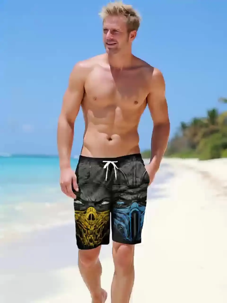 شورت شاطئ كاجوال من البوليستر سريع الجفاف - خصر برباط للرجال، قابل للغسل في الغسالة، طباعة هندسية #6