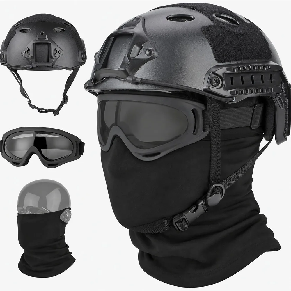 Tactical Airsoft Helmet Set with Face Mask Goggles Adjustable Protective Headgear for Paintball Hunting CS Games Cosplay
