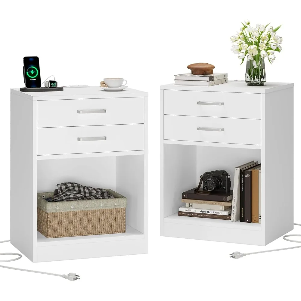 

Nightstands Set of 2,White Night Stand with Charging Station & Drawers,Modern Bedside Tables with USB Ports for Master Bedroom