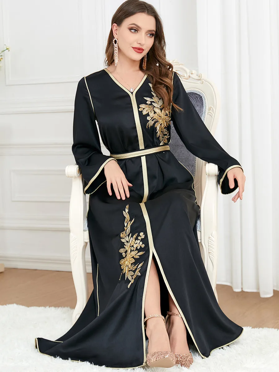 Imagem -04 - Abaya Dubai Luxo Vestido de Mulheres Muçulmanas Bordado Cintos Vestidos Longos de Festa Marrocos Kaftan Islâmico Turquia Manto Árabe 2023