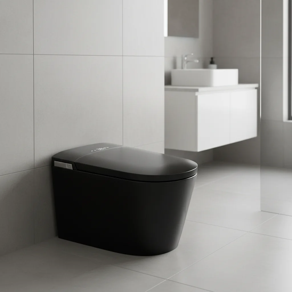 Toilet,Wall-Mounted Rimless P-Trap Elongated Bowl Ceramic Smart Toilet Seat Heating Black Finish Remote Control Included Gravity