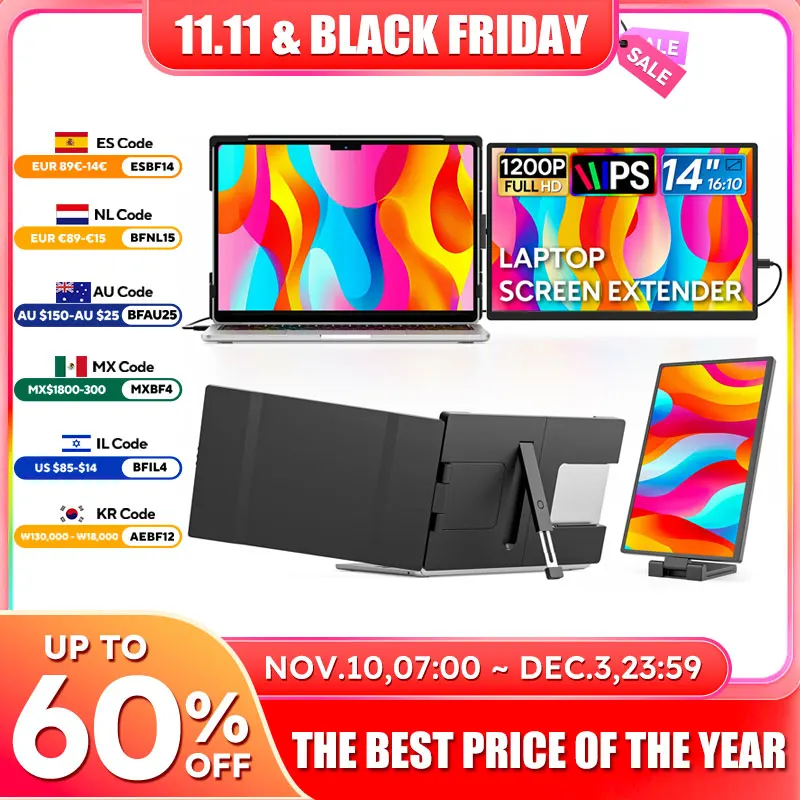 

14 Inch Portable Monitors 1200P HDR External Screen for Laptop XBox PS4 5 Switch, Second Display Compatible with 14-17.3 Laptops