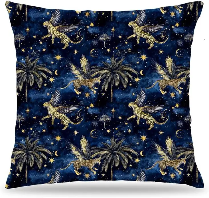 Blue and Gold Celestial Leopard Pillow Cover 18x18 Double-Sided, Dark Blue Night Sky Mystical Cheetah Tropical Palm Tree Decorat