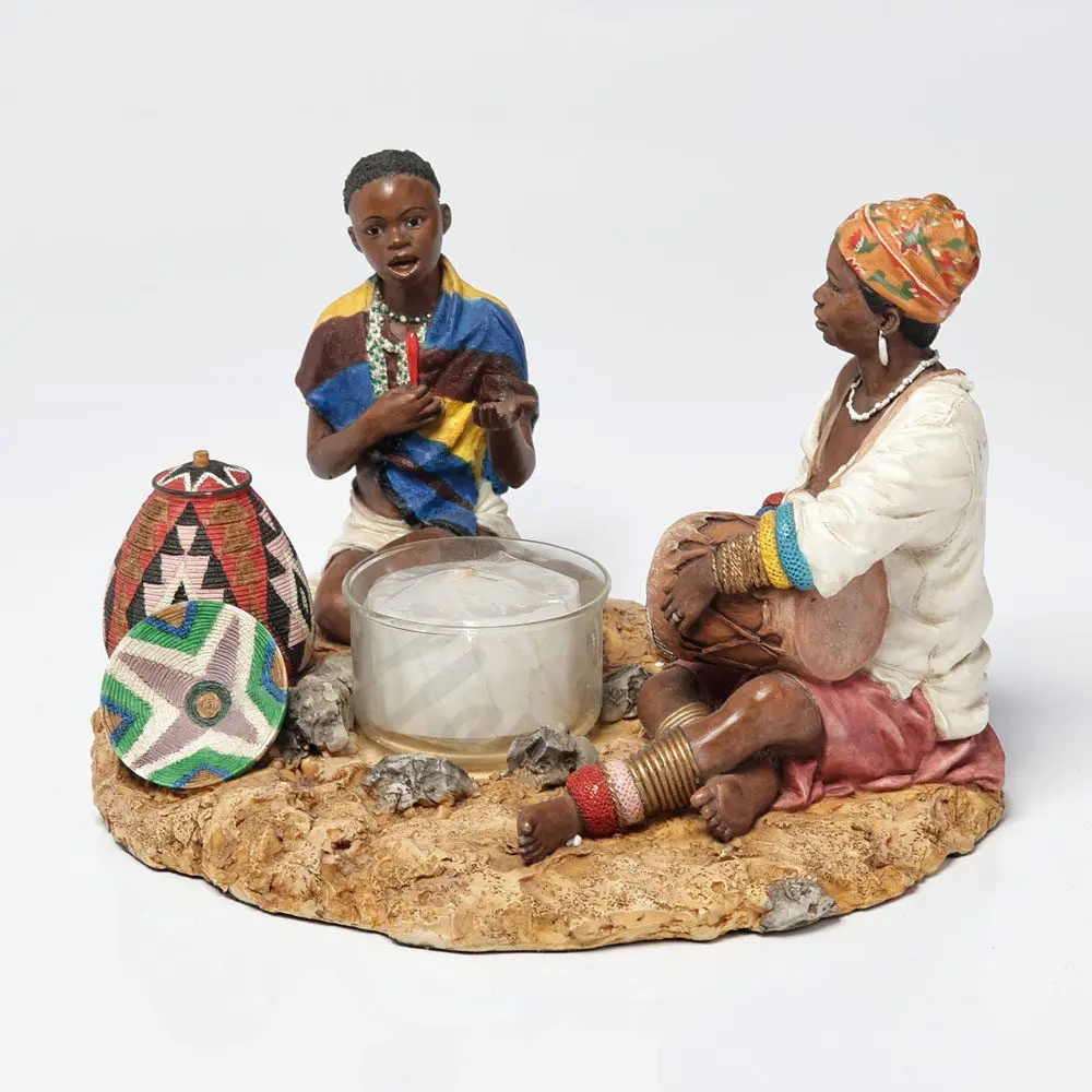 African Tribal Woman Playing Drum and Boy Singing Statue Tribal Musical Scene Resin Figurines Home Tabletop Decorative Ornament