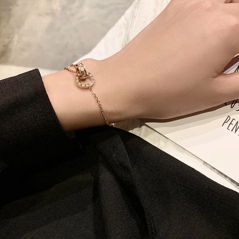 Personality Roman Numeral Double Ring Cross Zircon Bracelet for Women Korea Fashion Gold Color Stainless Steel Bangle Jewelry