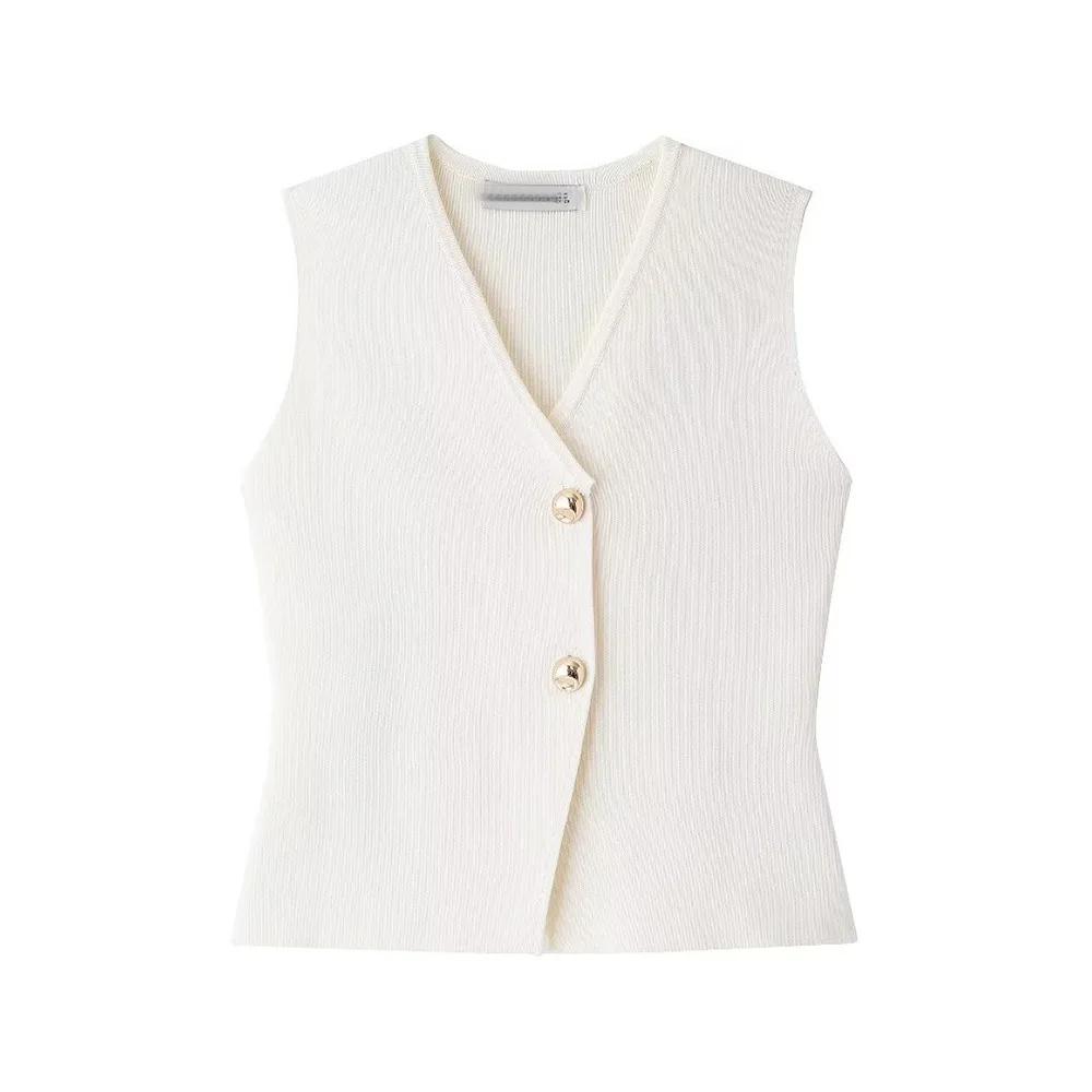 PB & ZA-Golden Button Knitted Waistcoat for Women, Vintage Sweater, Casual Female Vest, Chic Tops, New Fashion, 2024 Autumn