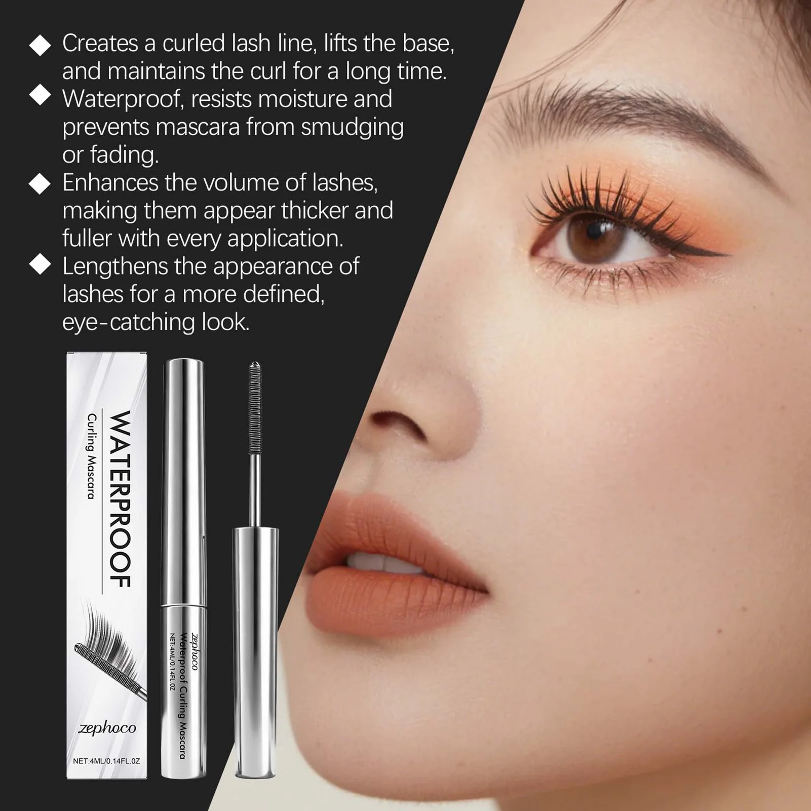 Mascara arricciacapelli, potenziatore delle ciglia impermeabile a lunga durata, strumenti per il trucco degli occhi con volume spesso per l'allungamento delle ciglia a prova di sbavature