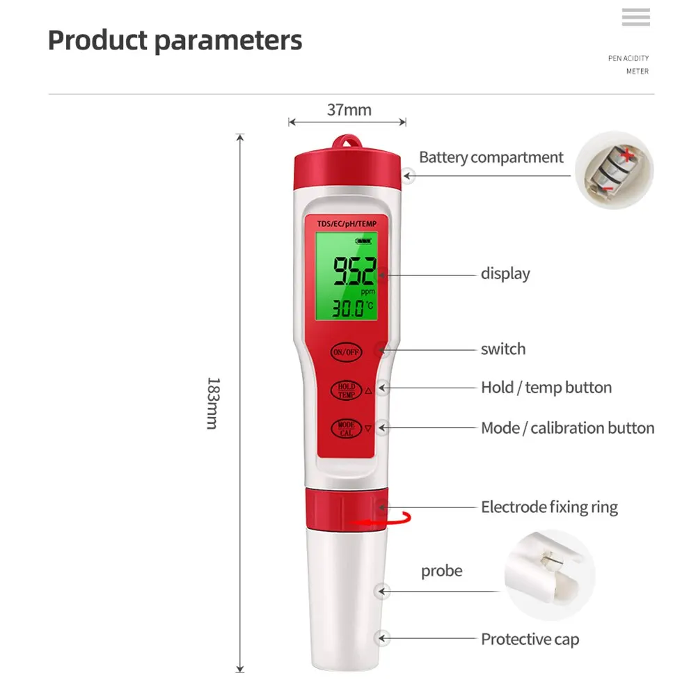 4 in 1 PH TDS EC Temperature Meter Digital Water Quality Monitor Tester for Pools Drinking Water Aquariums