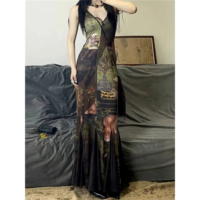 

Vintage Midi Dress Women Y2K Aesthetic Sexy V Neck Print Dresses Summer Harajuku Streetwear Spaghetti Straps Bodycon Vestidos