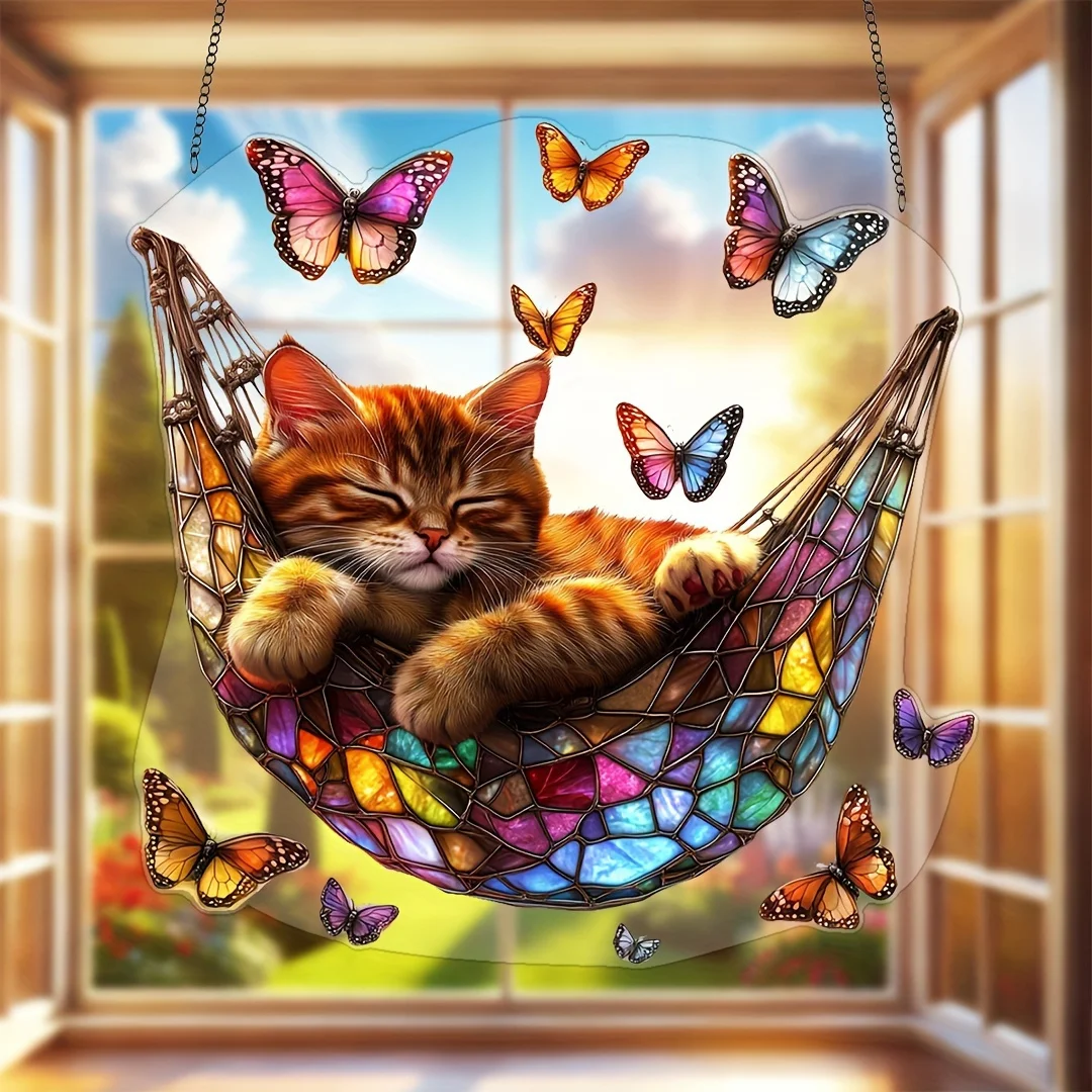 Charming Cute Cat  Butterfly 2D Flat Acrylic Sunlight Catcher Colorful Plastic Window Wall Garden Hanging Design Cat Lovers Gift