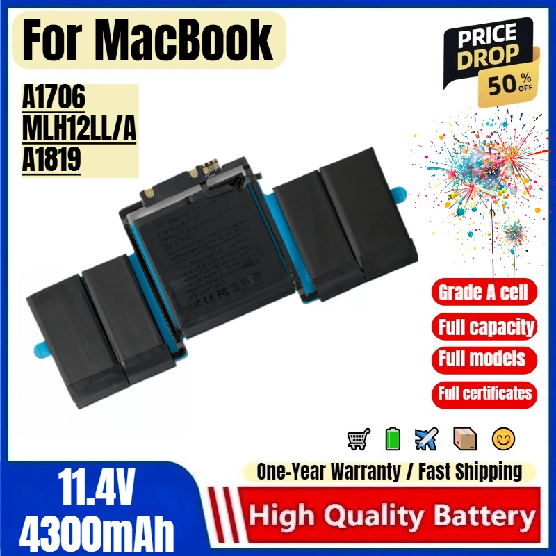 

For MacBook Pro 13 Inch A1706 MLH12LL/A A1819 Laptop Battery 0Cycle High Quality High Capacity Replacement Bateria Grade A Cell