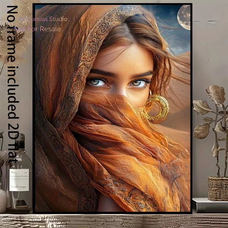 2D Flat, 2D Flat, 1pc of Decorative Canvas Art Featuring a Woman in a Desert Setting with a Veil Under The Moonlight, Adorned