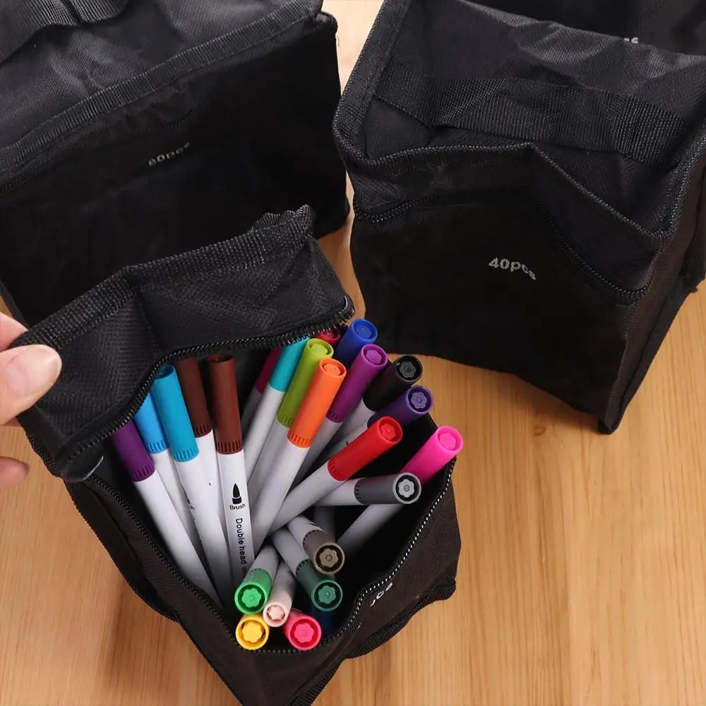 Professional Large Capacity Art Marker Pen Storage Bag Canvas Square Marker Pen Pouch Black Zipper Marker Pen Organizer Artist