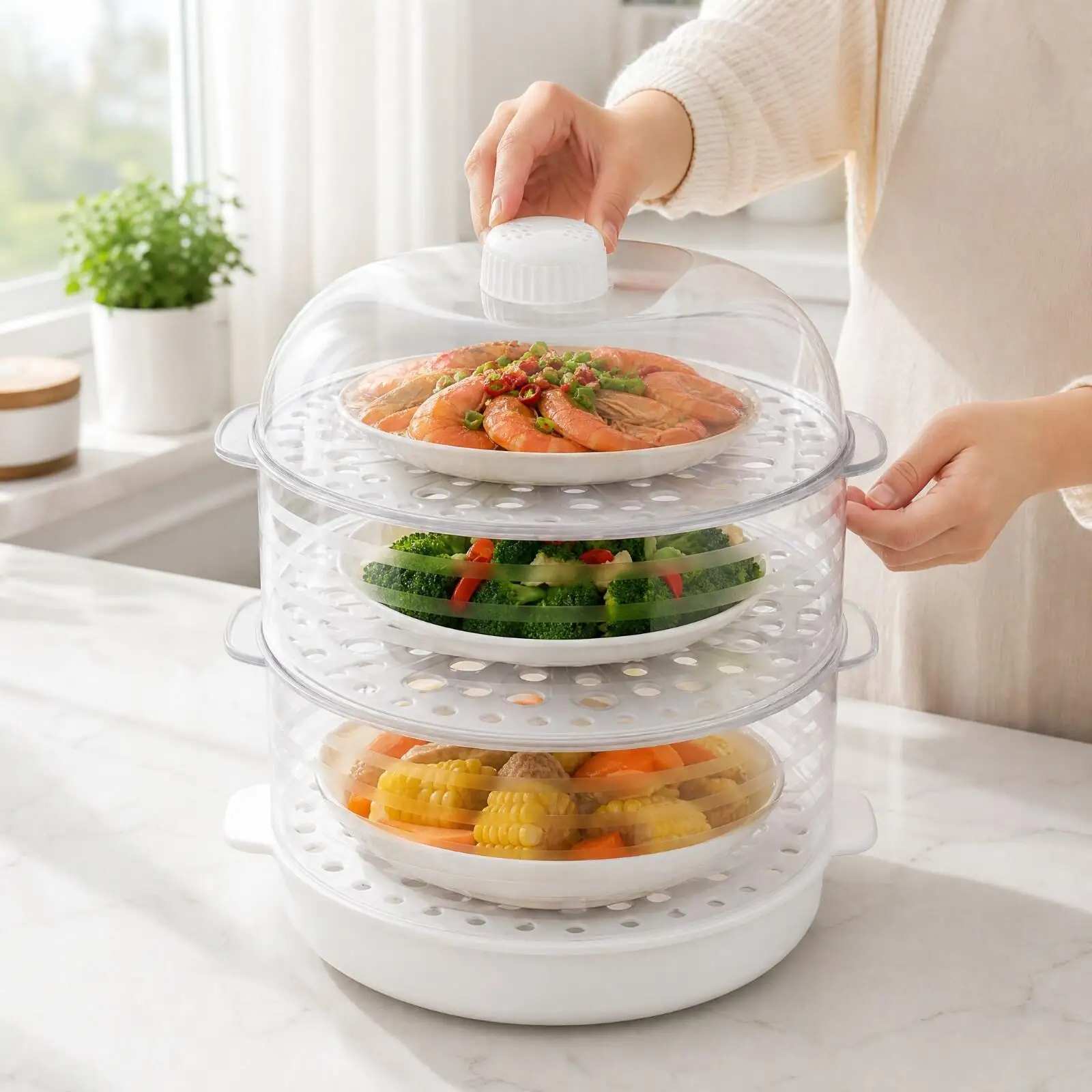 Stackable Dish Cover with Perforated Trays and Side Handles for Food Prep Tabletop Protection