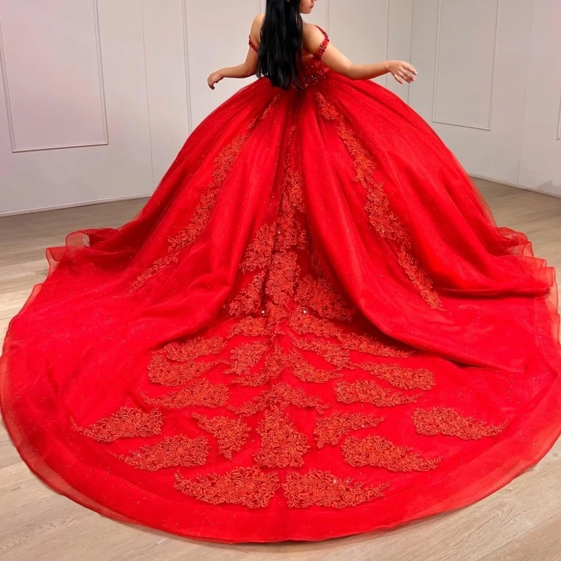 

Eelgant Mexican Red Women Party Dresses Prom Occasion Wear Cap Sleeve Lace Applique Ball Gown Vestido De xv Quinceanera Dress 15