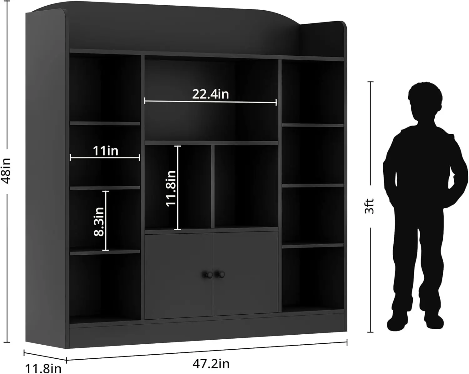 Black Kids Bookshelf, Display Bookcase with 11 Cubbies and 2 Cabinets, Freestanding Book Storage Shelves for Bedroom, Playroom,