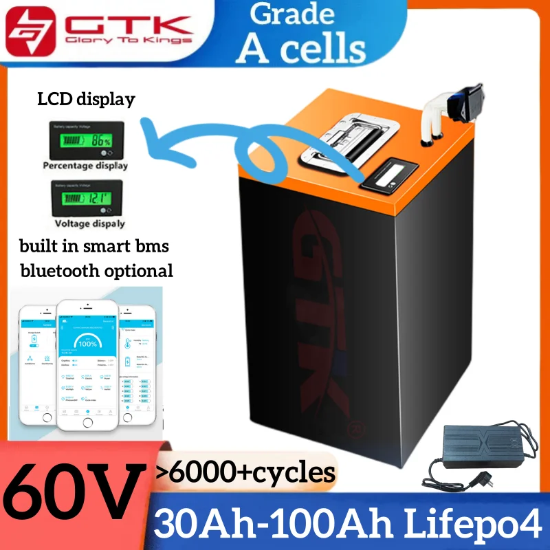 GTK 60V Lifepo4 Battery 100Ah 30Ah 40Ah 50Ah 60Ah 70Ah 80Ah 90Ah Batteria for 1800W 3KW Rickshaw Electric Motorcycle Two Wheeler