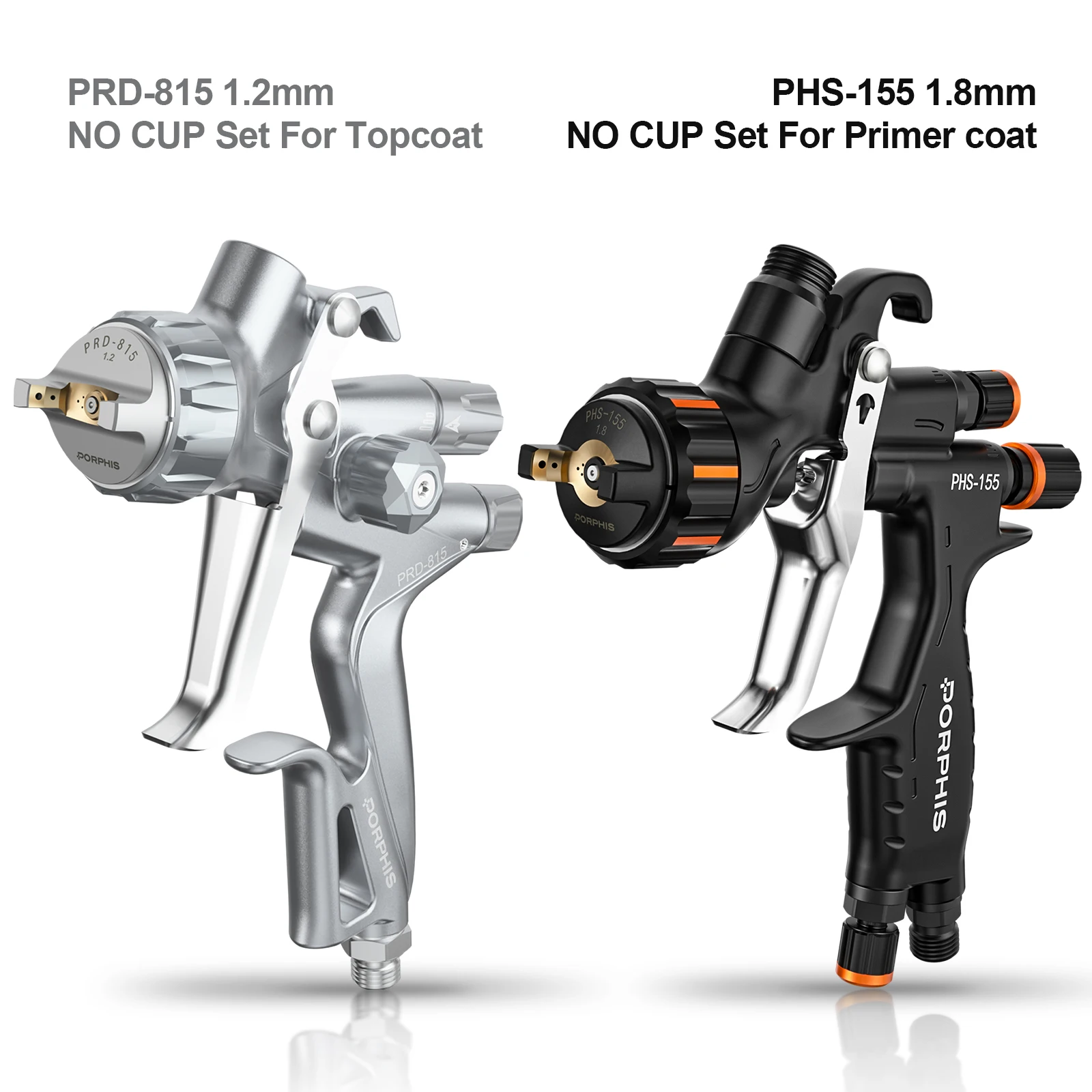 PORPHIS PHS-155 PRD-815 No Cup Dual Spray Gun Set Automotive Paint Gun Kit for Clear Coat Basecoat Primer Refinish Spray Tool