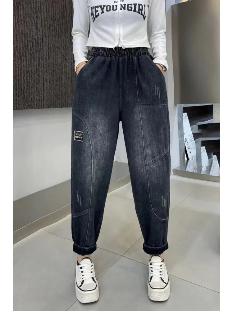 Jeans Herfst Harem Broek Vrouwen Elastische Hoge Taille Mode Retro Dames Broek Oversized Losse Geplooide Casual Vrouw Broek