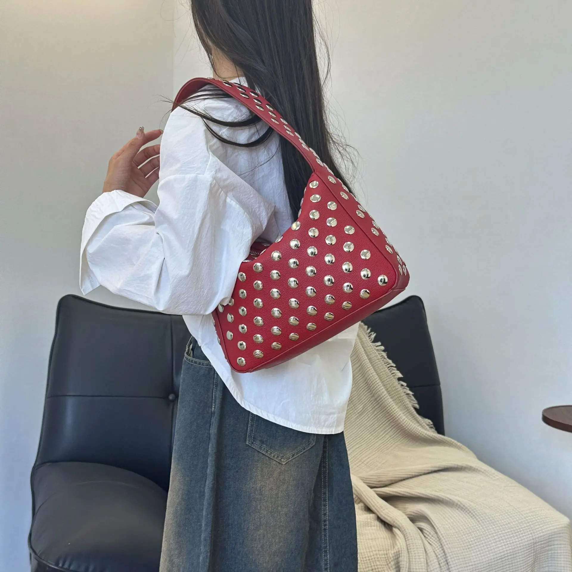 

Women's 2025 Bestselling Biker Style Shoulder Bag - Stud Embellished European Tote with Soft Leather Wallet for Casual Outings