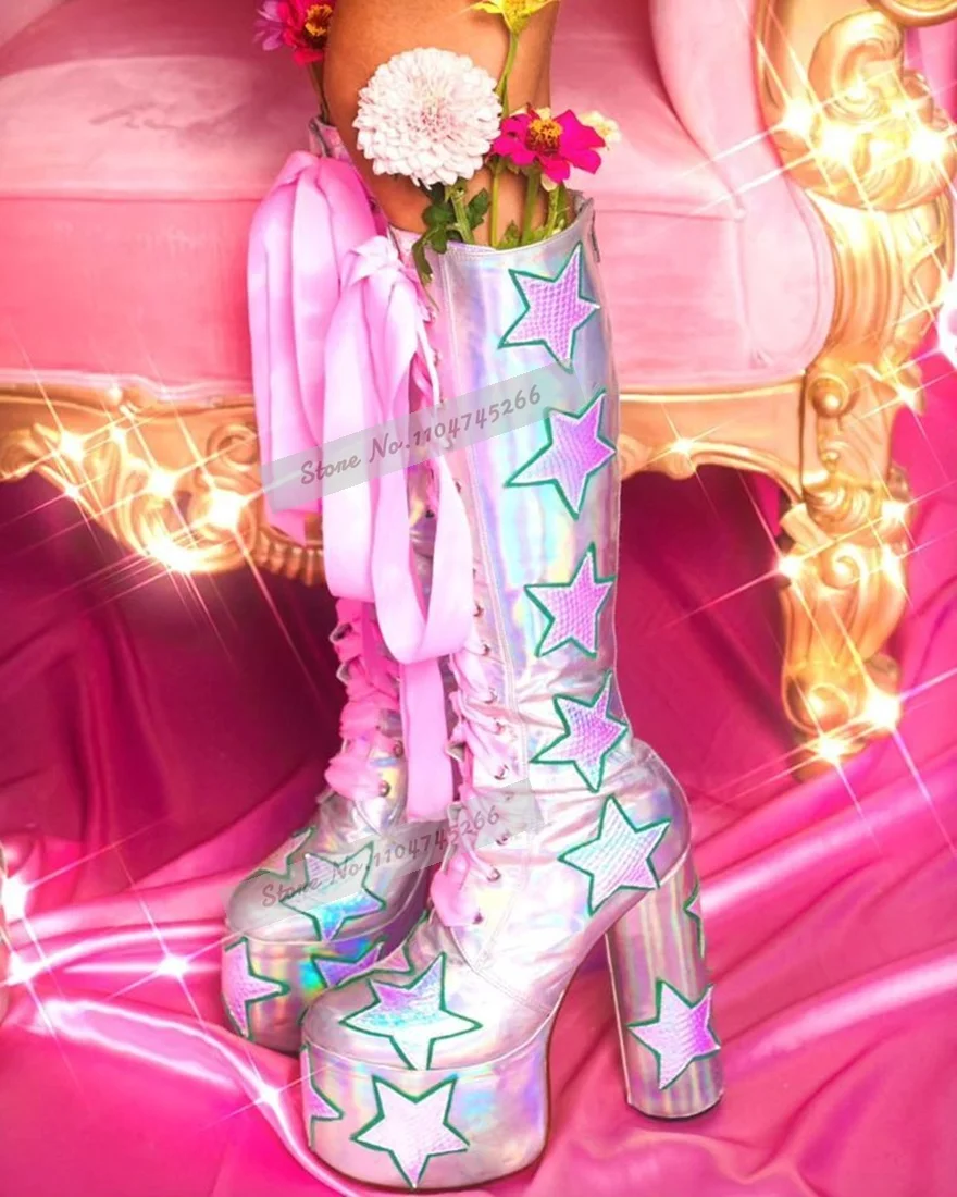 Holographic Stars Patchwork Knee High Platform Boots Pink Ribbon Lace Up Chunky Heel Tall Boots Festival Cosplay Boots