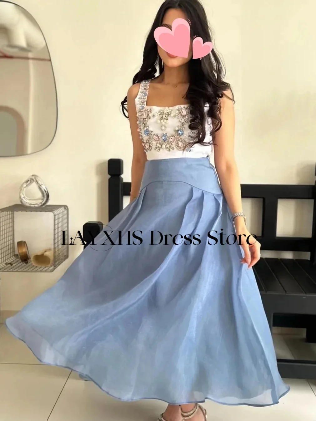 LAYXHS Novel Vestidos de noite com decote quadrado, linha A, sem mangas, comprimento de chá, vestidos de baile personalizados