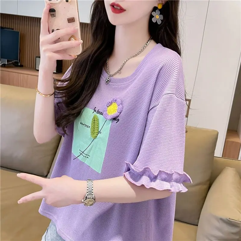 DAYIFUN-Waffle Short-Sleeved T-shirt for Female Letters Printed Floral Knitted Design Loose Flared Sleeve Tops Summer New 2024