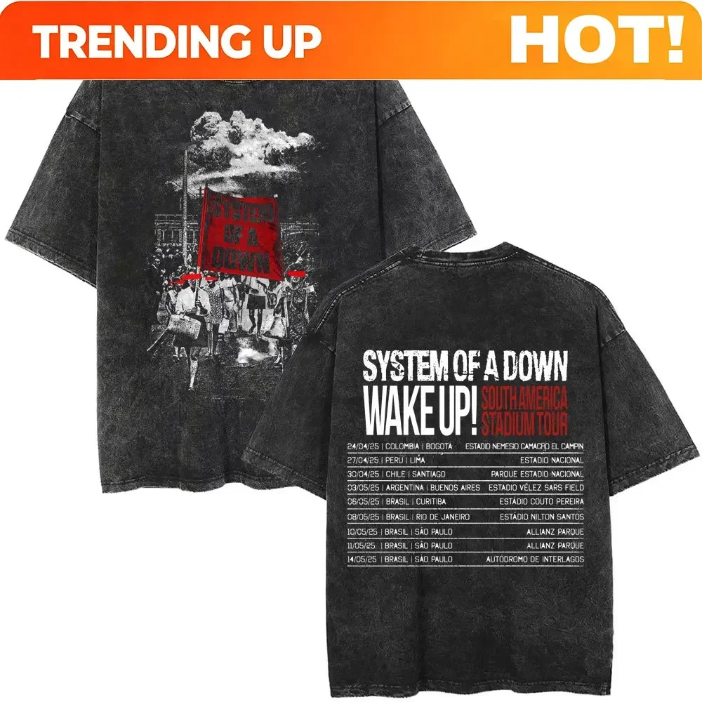 Customization Washed Vintage System Of A Down Wake Up Tour 2025 T Shirts Men Women Rock Oversized T Shirt 90s Alternative Metal