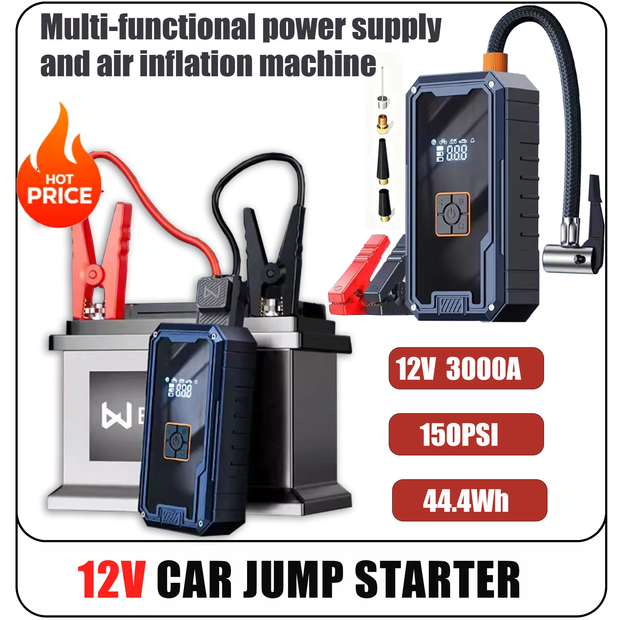 

4 in 1 3000A Jump Starter For 12V Car 150PSI Air Inflatable Pump Air Compressor Portable Power Bank Emergency Booster LED Light