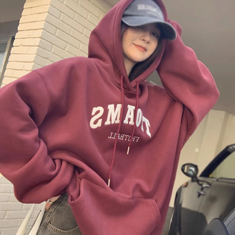 Women\'s Hooded Jacket Autumn Winter Letter Print Pocket Loose Leisure Fashion Long Sleeves Unisex Male Hooded Jacket