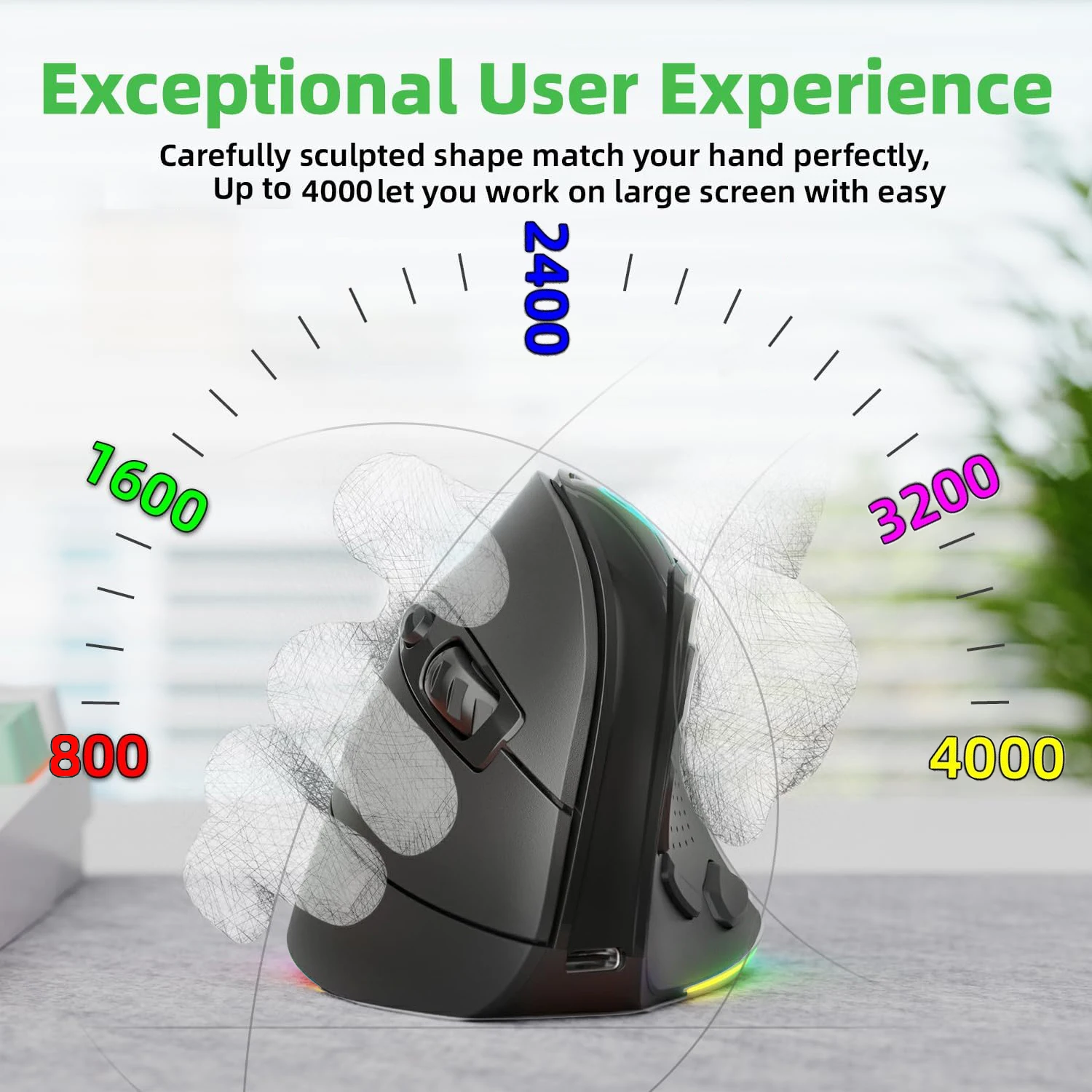 Ergonomic Bluetooth&2.4G Wireless Vertical Mouse with LED Backlit,Rechargeable 4000DPI Optical Mice for PC/Laptop/Desktop-Black