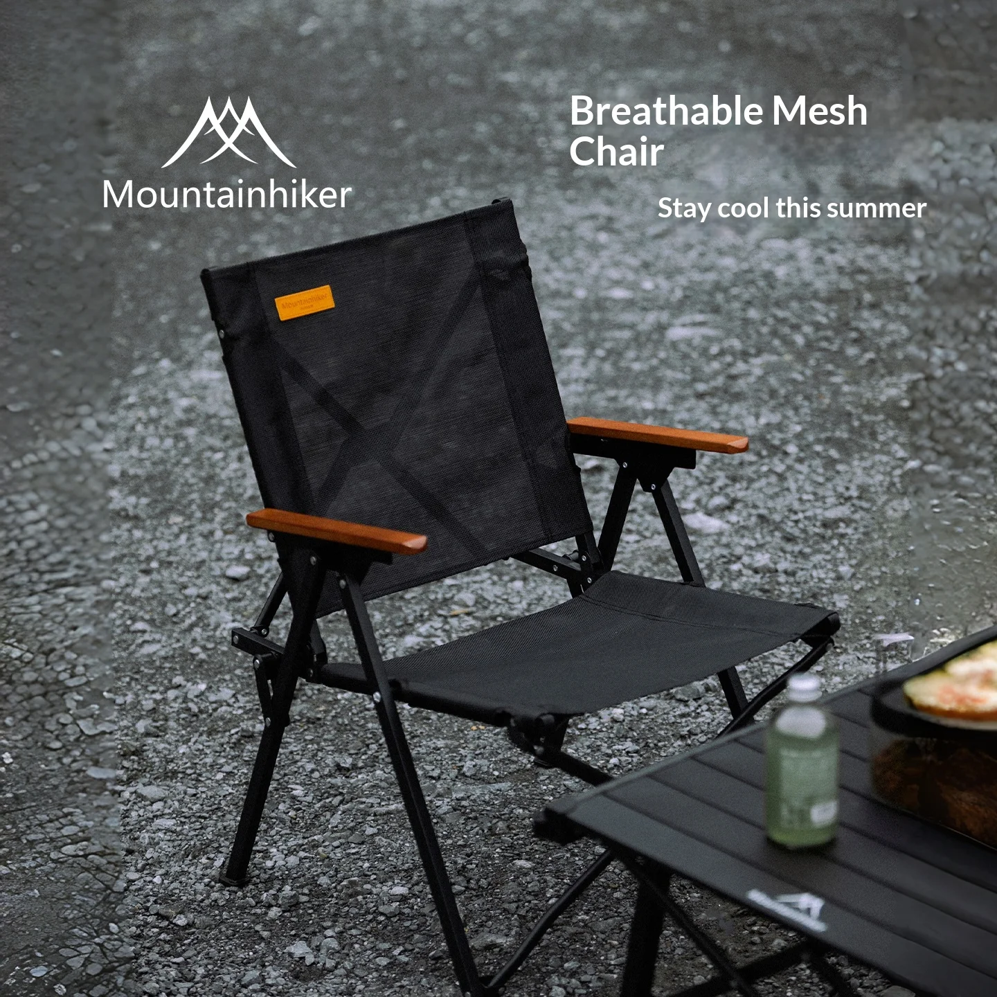 Mountainhiker Breathable Mesh Camping Chair Wooden Armrest Portable Foldable Outdoor Chair for Beach Fishing Picnic Black Summer