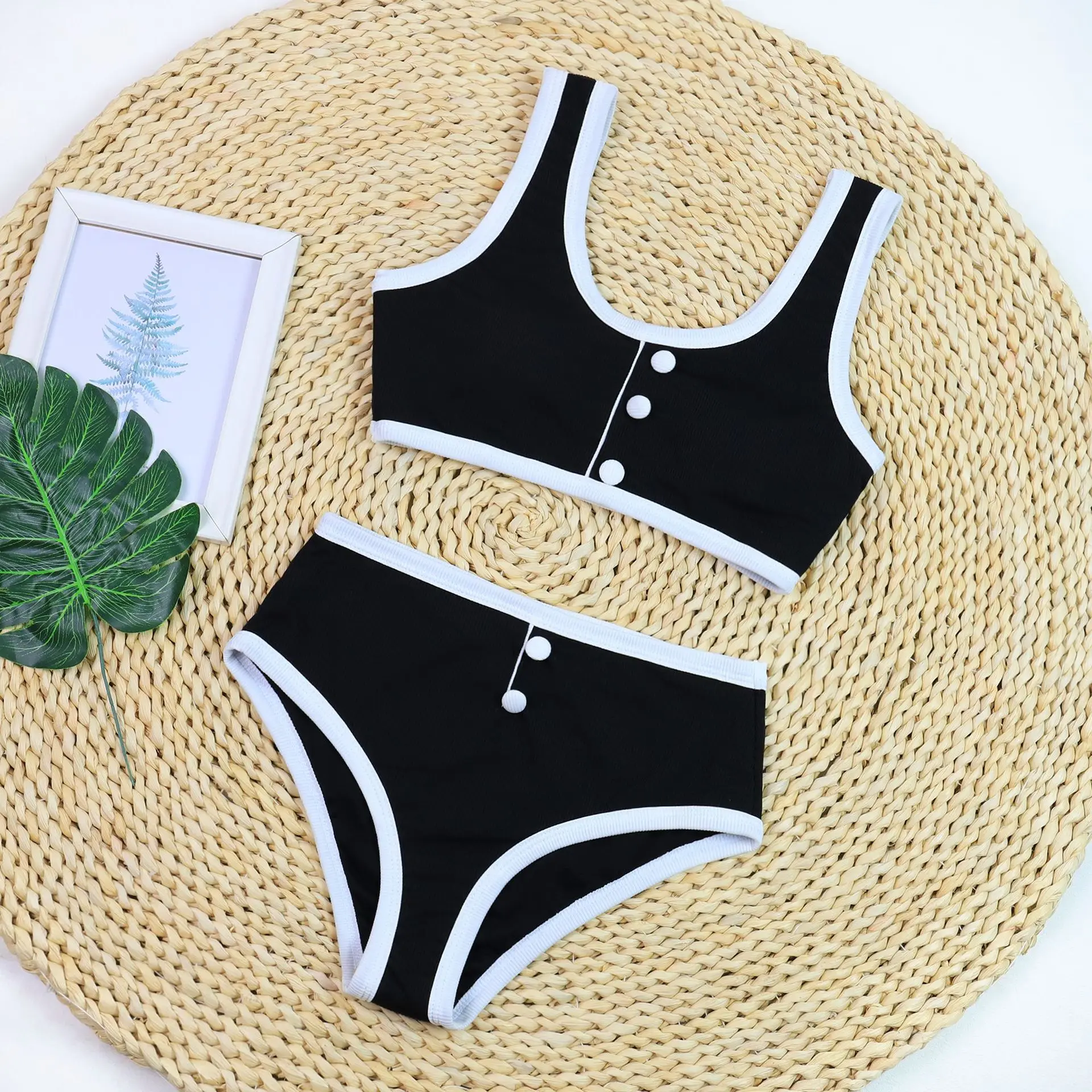 Biquínis sexy preto e branco, maiô de cintura alta com bloco de cores perfeito para férias e festa na piscina