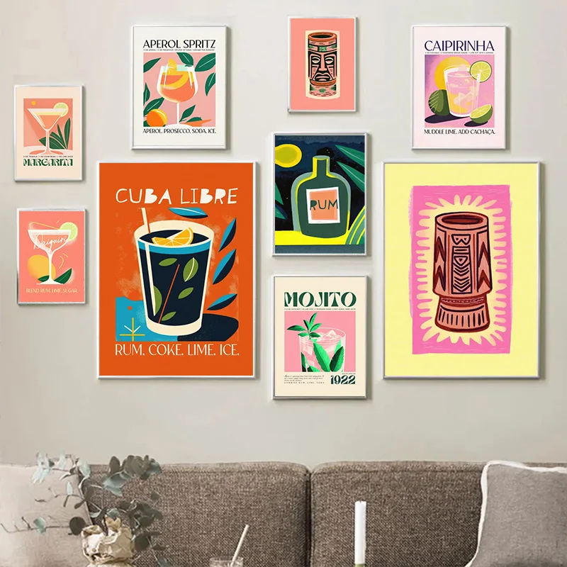 Tiki Cocktail Mojito Bar Poster Summer Colour Print on Canvas Vintage Wall Art for Home Bar Living Room Restaurant Decoration