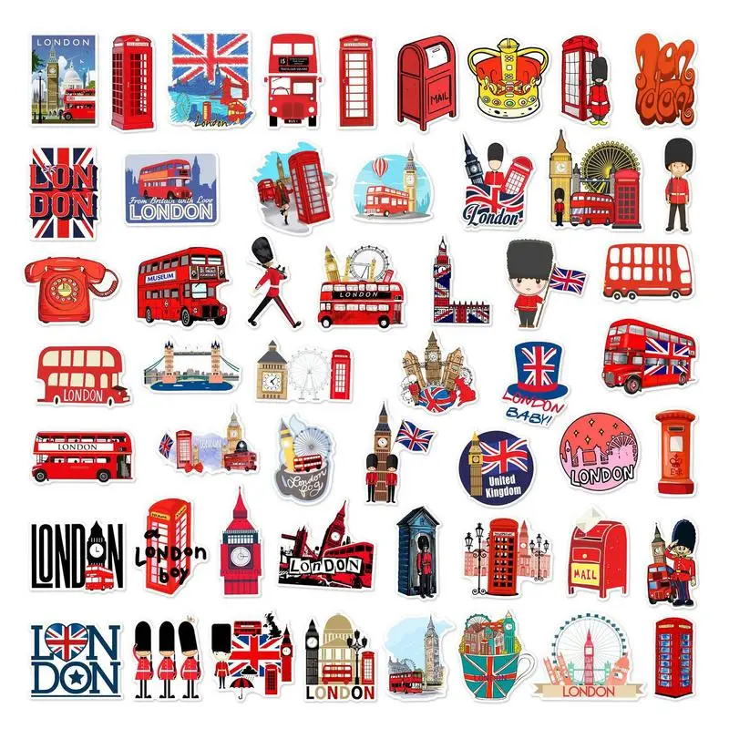 50pcs London Red Buses Stickers British Flag Stickers Water Cup Luggage Window Skateboards Pocketbook Decoration Stickers