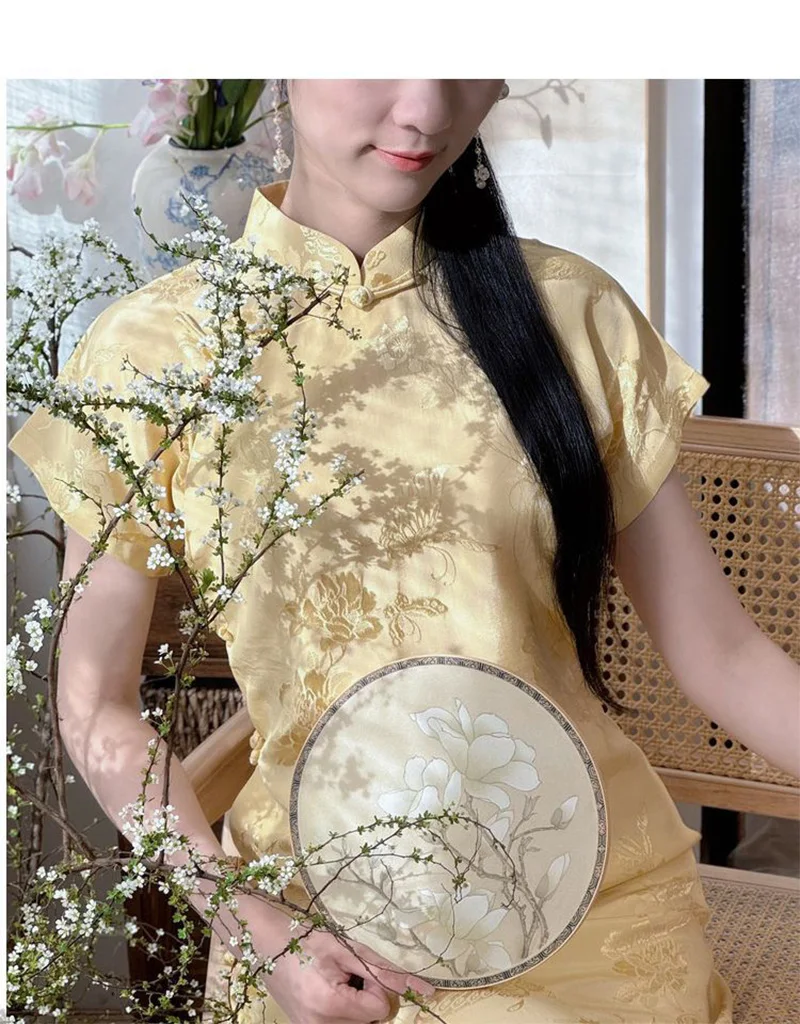 شيونغسام أصفر للنساء ، تشيباو محسن ، أكمام قصيرة ، فراشة زهرية عتيقة ، على الطراز الصيني ، فساتين طويلة ، راقية ، جديدة ، #4