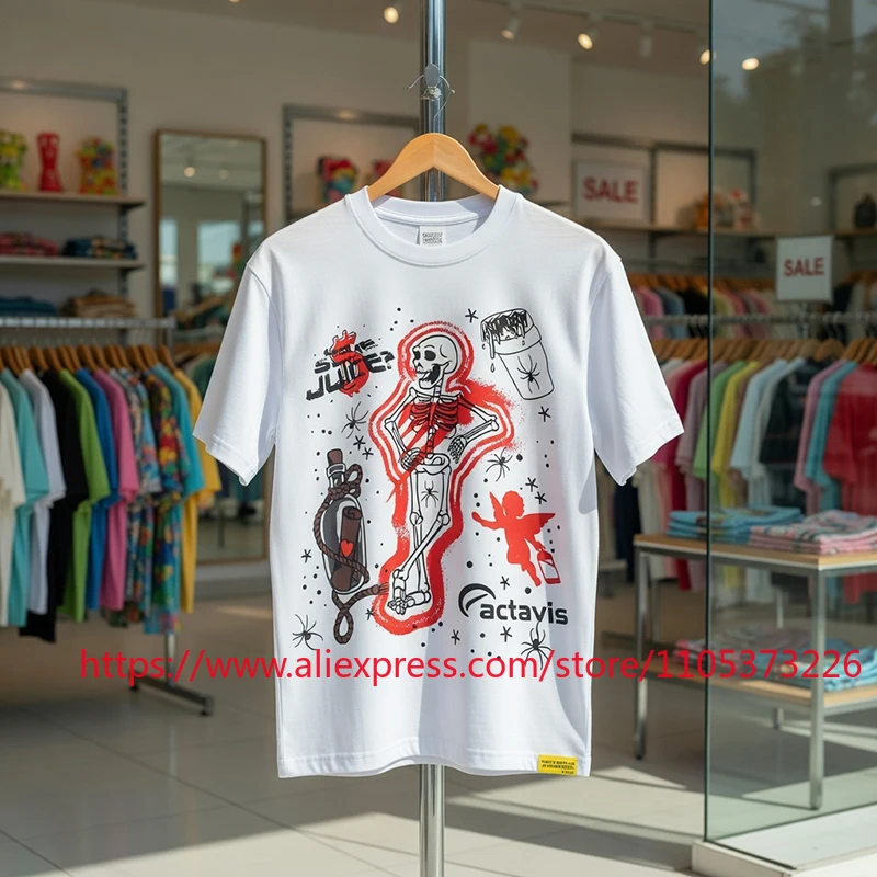 2026 New THAT'S A AWFUL LOT OF COUGH SYRUP T-Shirt Skeleton Spider Print Vintage Streetwear Loose Casual Short Sleeve Top