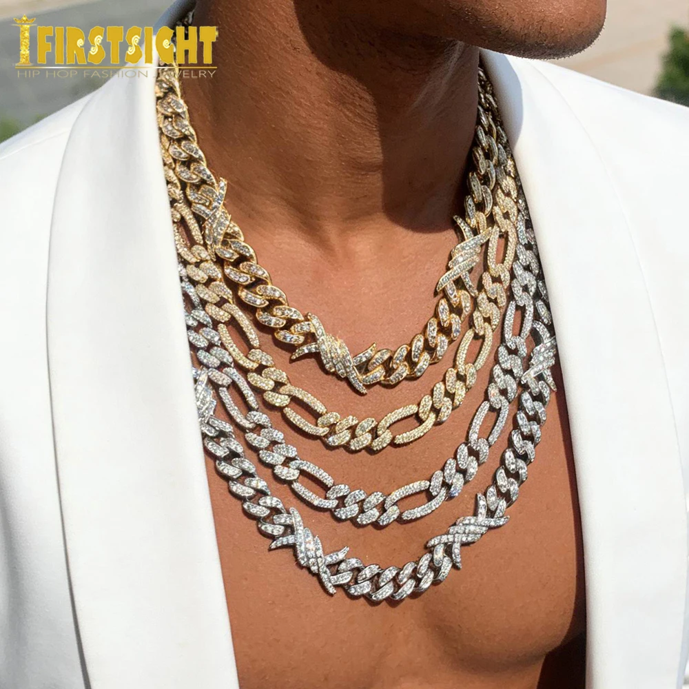 Iced Out Miami Cuban Link Chain Barbed Wire Necklace Silver Color Bling Cubic Zirconia Thorns Charm Man Hip Hop Jewelry