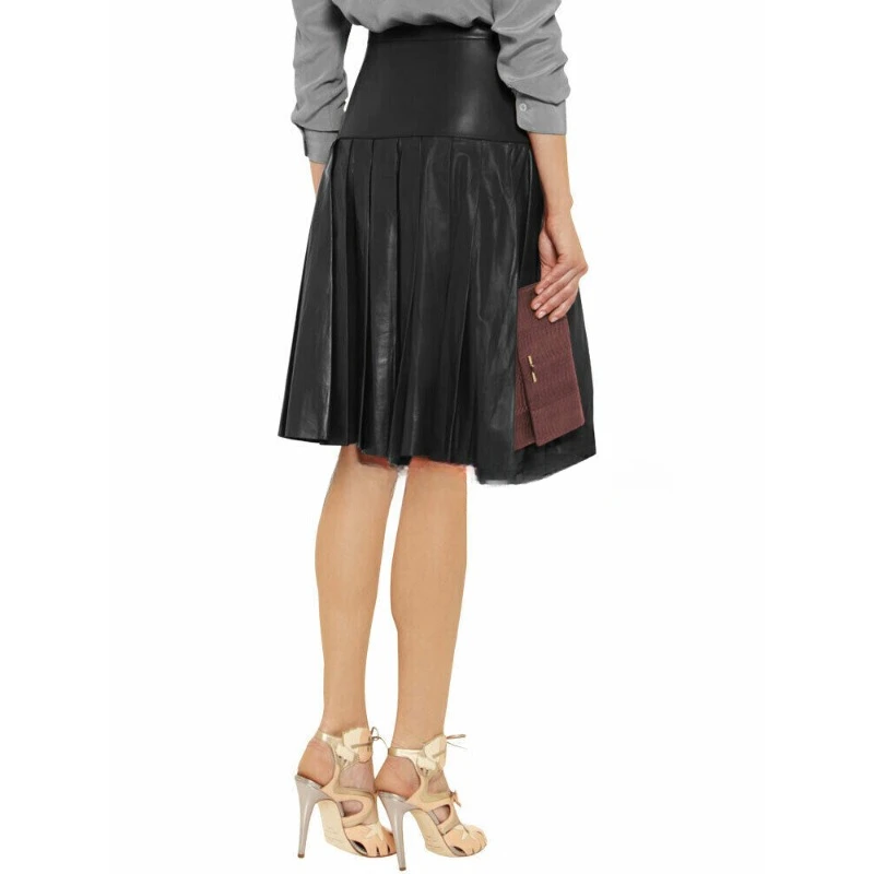 Women Genuine Lambskin Pure Leather Skirt Black Pleated Flare Fashion Skirt