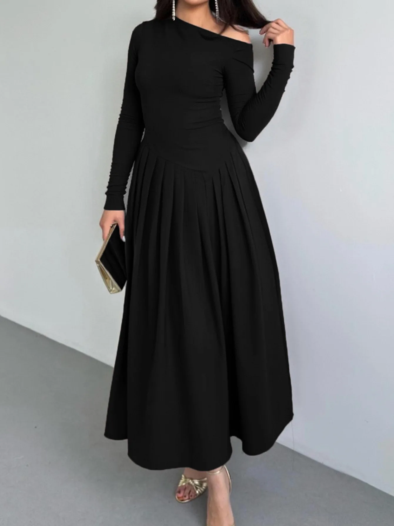 

Новое осеннее модное повседневное однотонное расклешенное платье длиной до щиколотки с длинным рукавом и диагональным воротником, 4 цвета